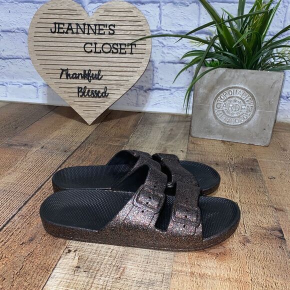 Freedom Moses multicolor glitter black slides slip on sandals - Picture 1 of 10